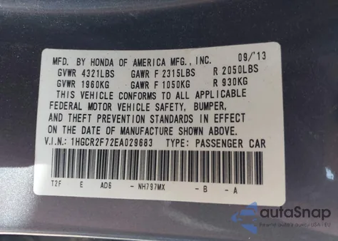 2014 Honda Accord Ex z USA, uszkodzony, nr VIN 1HGCR2F72EA029683